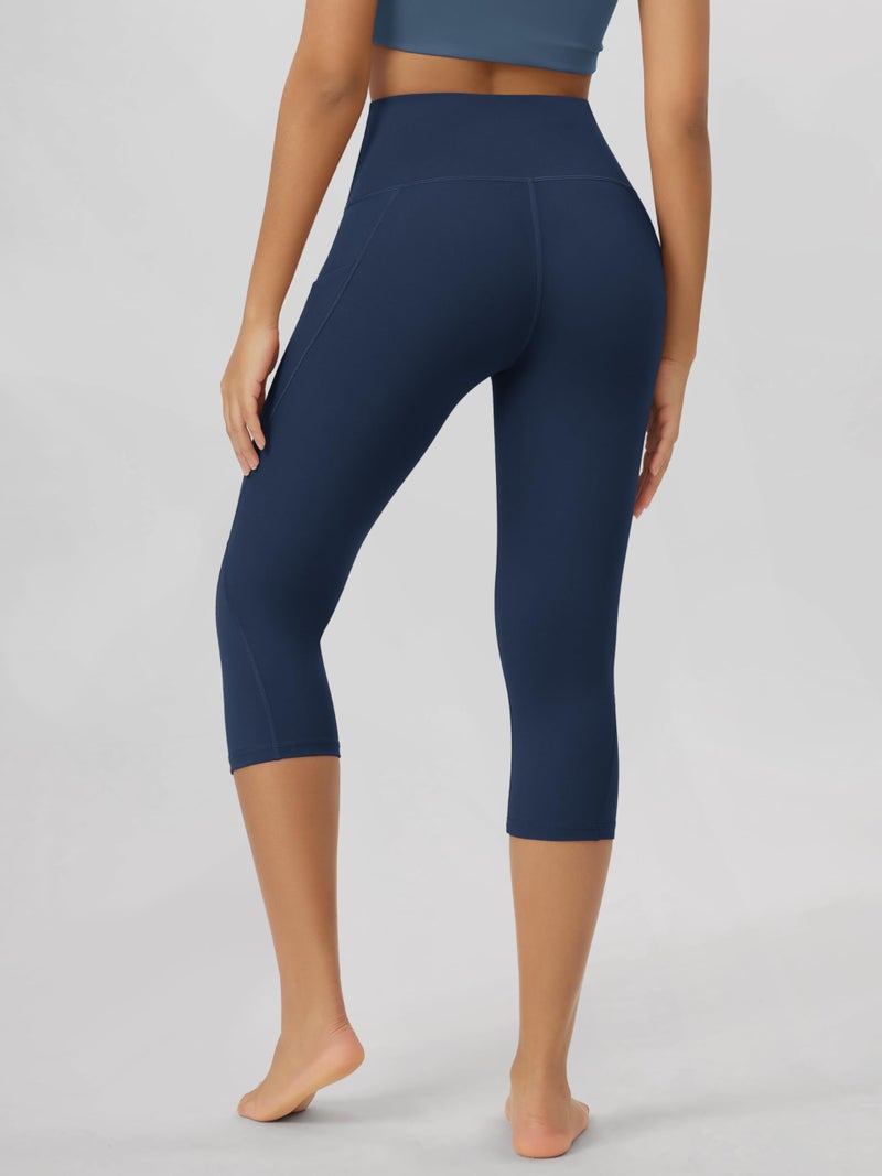 ODODOS Women's High Waisted Yoga Capris with Pockets,Tummy Control Non See Through Workout Sports Running Capri Leggings, Plus Size, Navy,XX-Large - Image 3